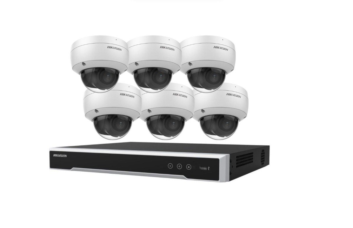 Six dome cameras and a network video recorder shown as a system example