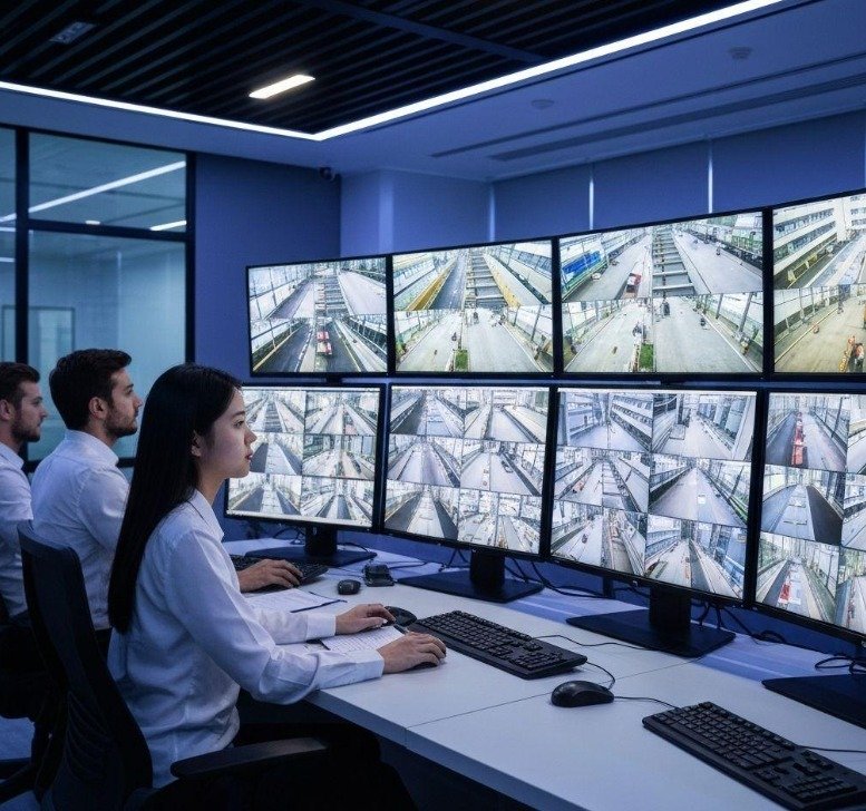 Operators reviewing multiple CCTV camera views in a monitoring room